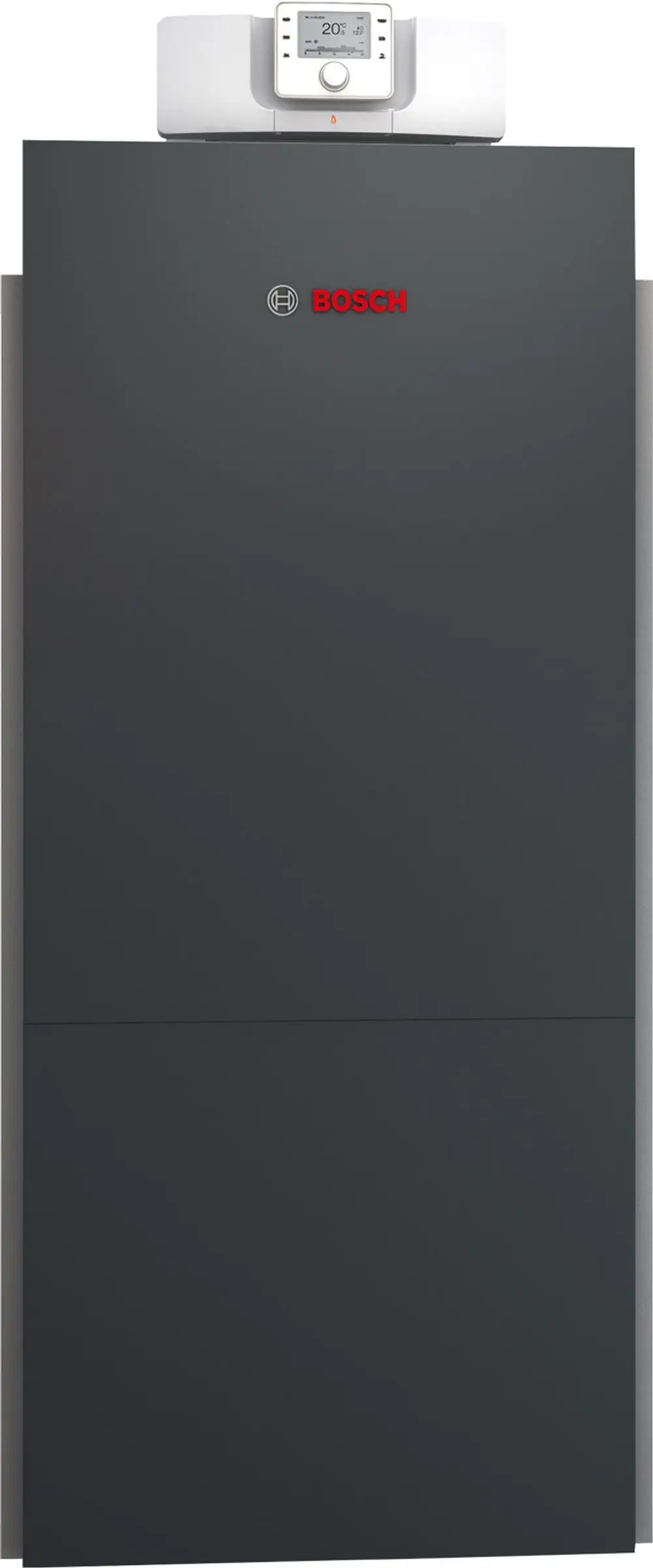 Bodenstehender Heizkessel von Bosch in grauer Farbe mit digitalem Display oben. Das Gerät hat eine glatte, moderne Oberfläche.